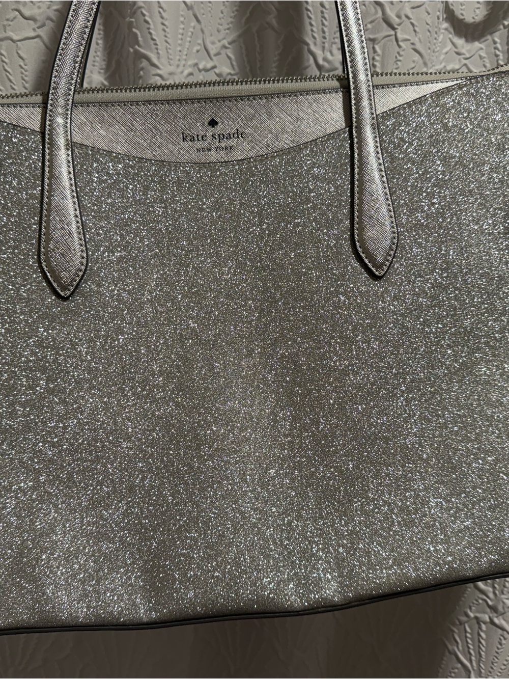 Kate Spade New York Silver Glitter Zip-Top Tote Shoulder Bag